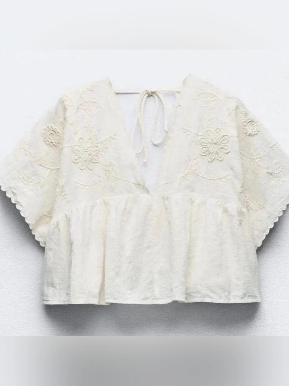 Zara Linen Embroidered V-Neck Peasant Blouse - Cream
